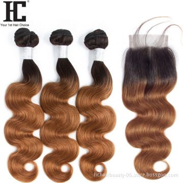 Peruvian Hair Weave 3 Bundles With Lace Closure 1B/30 Ombre Dark Blonde Non Remy Body Wave Human Hair Bundles With Closure